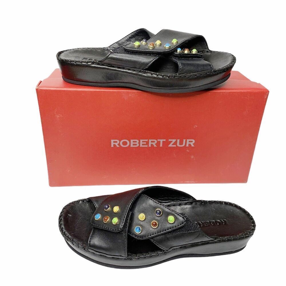 NEW Robert Zur‎ Criss Cross Platform Slides 5.5 Sandals Black Leather Soft $285